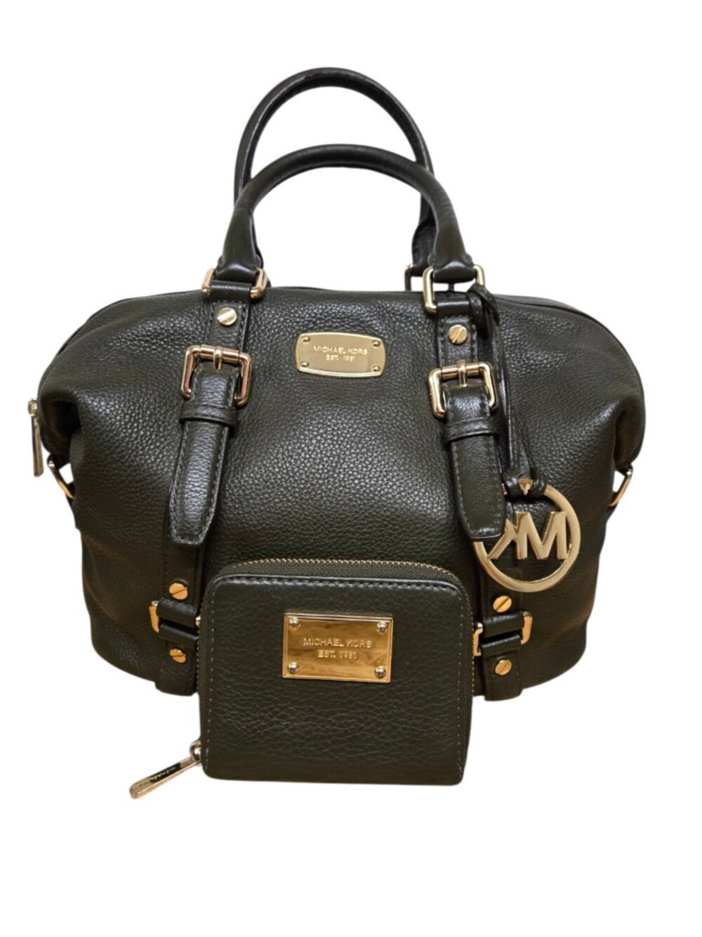 Michael Kors Bedford Satchel Handbag & Wallet Olive Green Pebbled Leather Clean